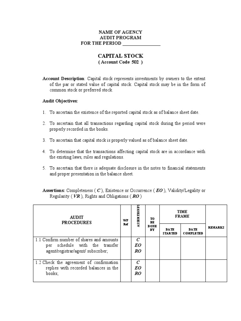 Capital Stock Audit Program | PDF | Stocks | Audit
