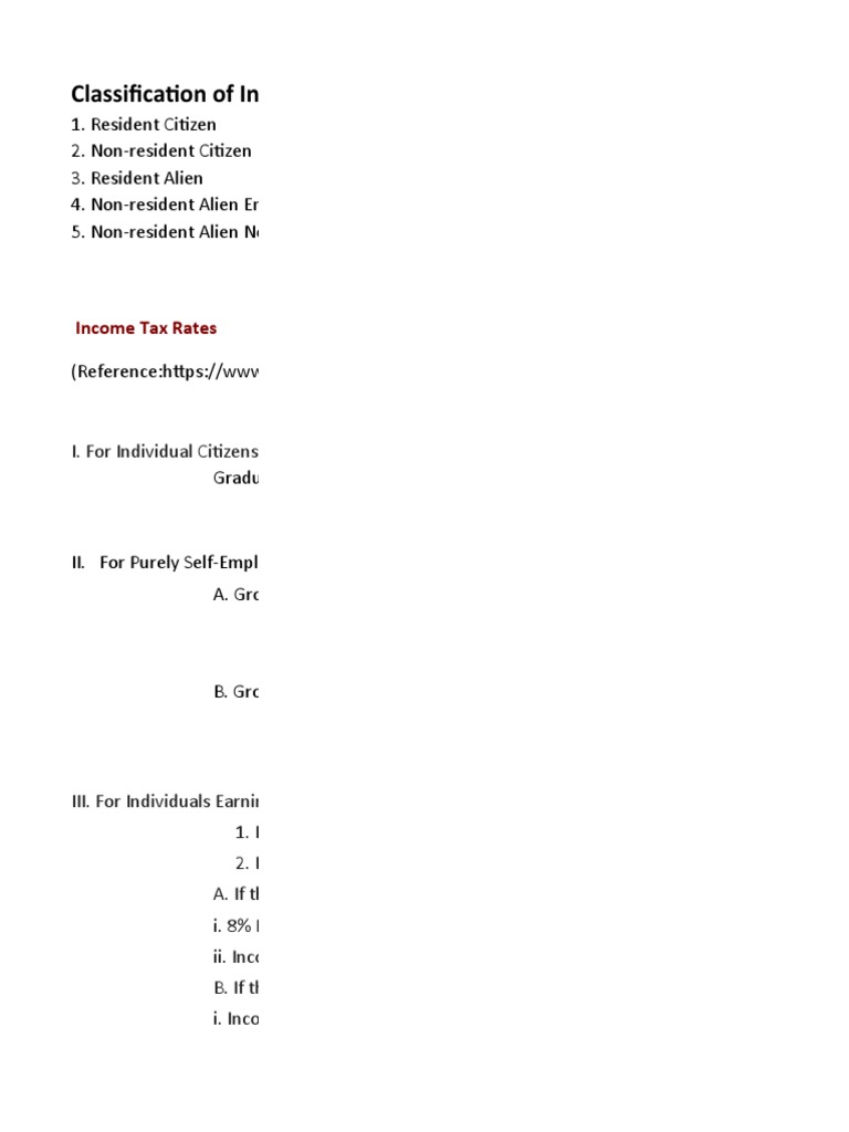 Classification of Individual Taxpayers:: Income Tax Rates | PDF