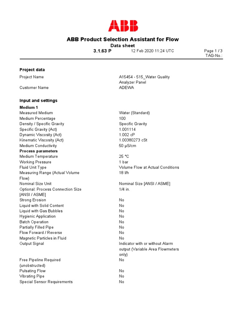 ABB Product Selection Assistant For Flow Data Sheet 3.1.63 P PDF Viscosity Fluid Dynamics