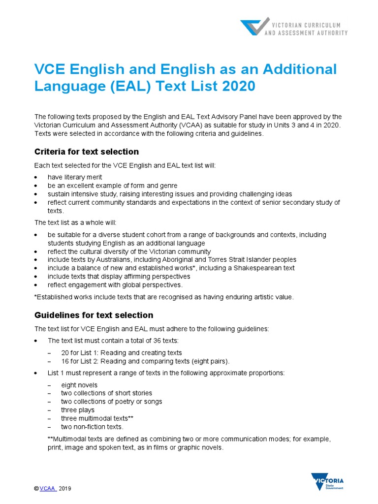VCE English and English As An Additional Language (EAL) Text List 2020