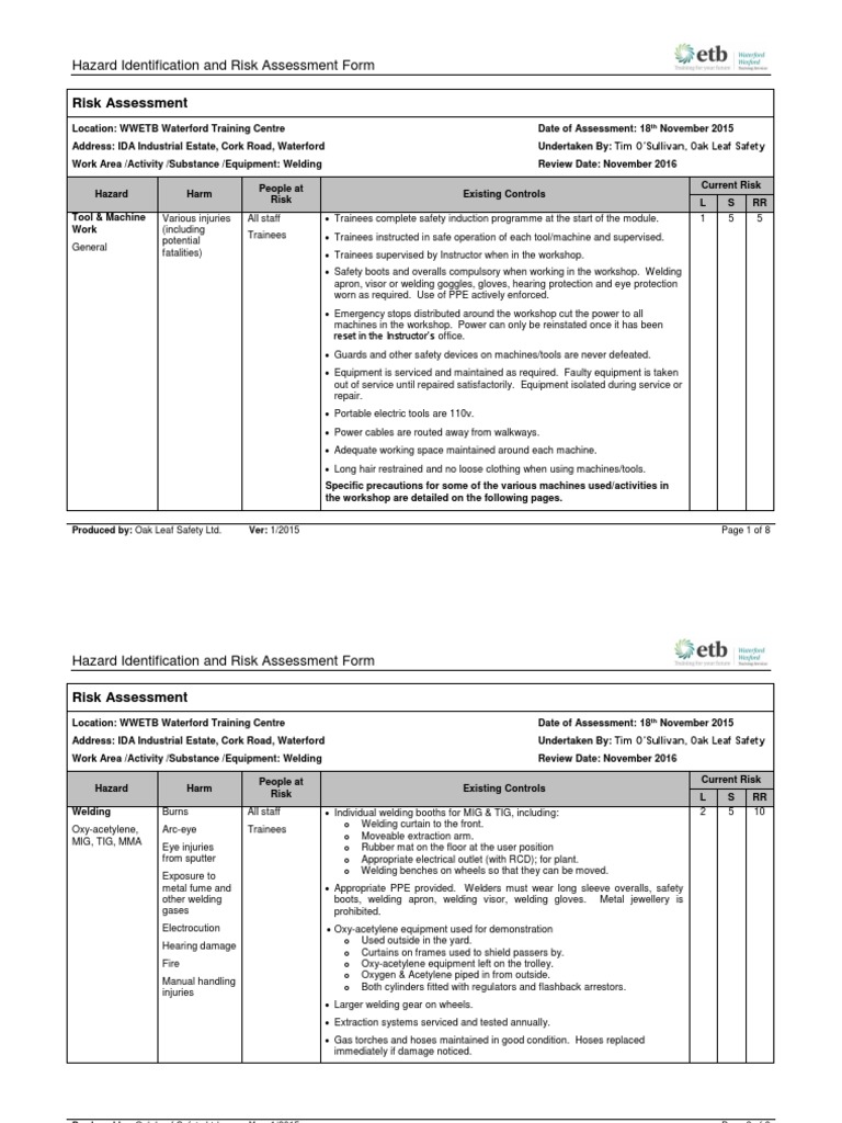 Welding Safety Risk Assessment Form | PDF | Personal Protective ...
