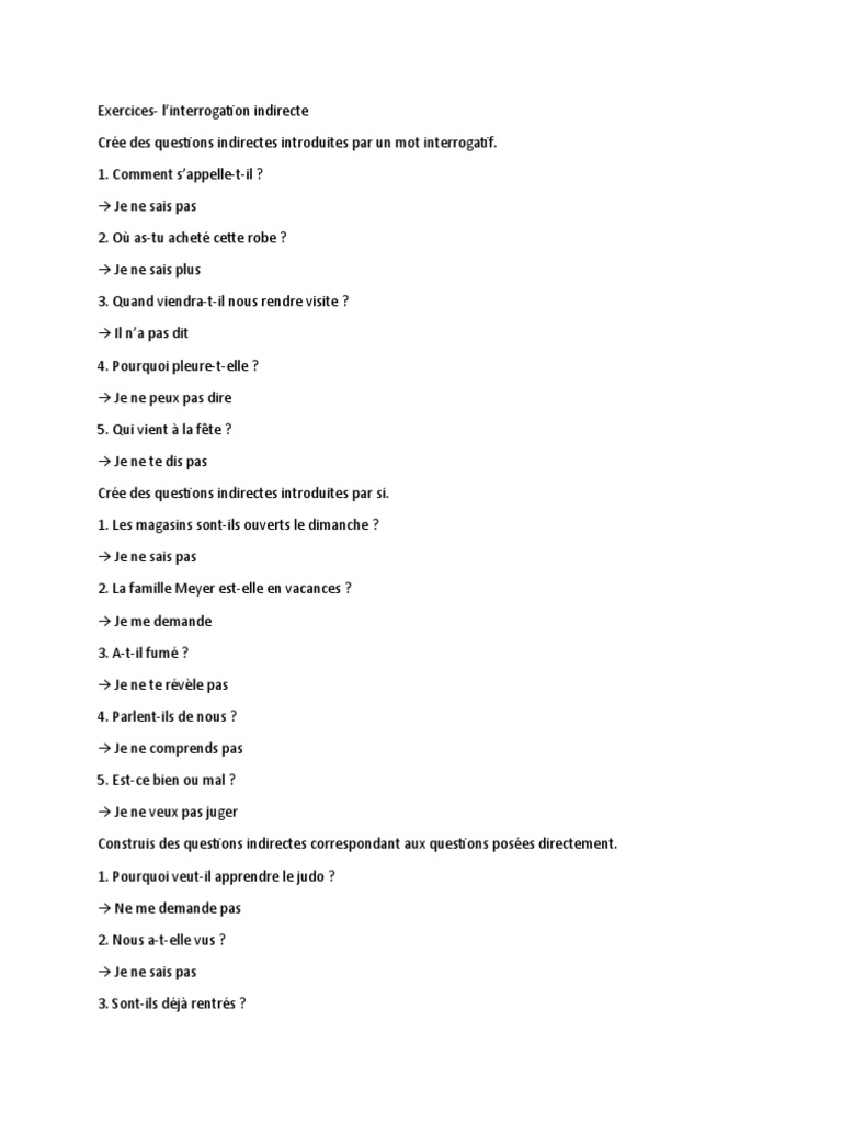 Exercices sur l'interrogation indirecte | PDF | Développement personnel