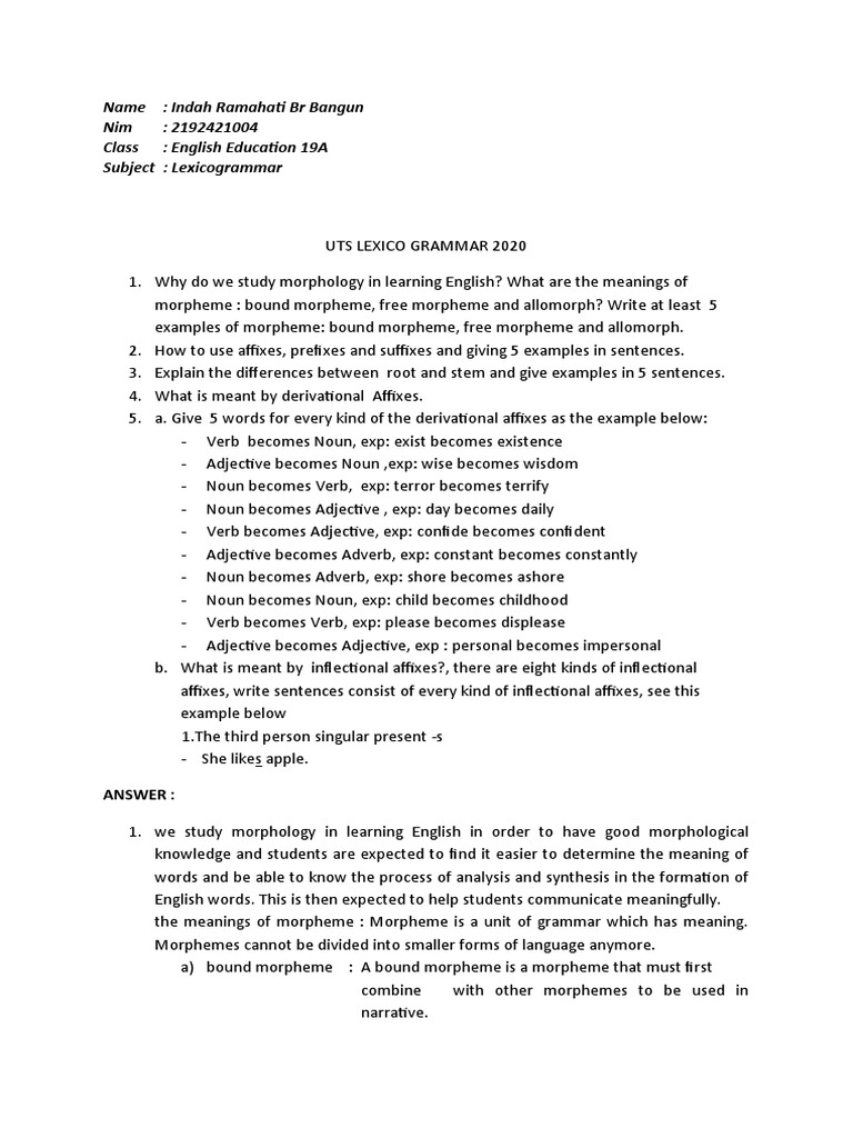 Lexicogrammar Study Guide 2020 | PDF | Morphology (Linguistics) | Noun