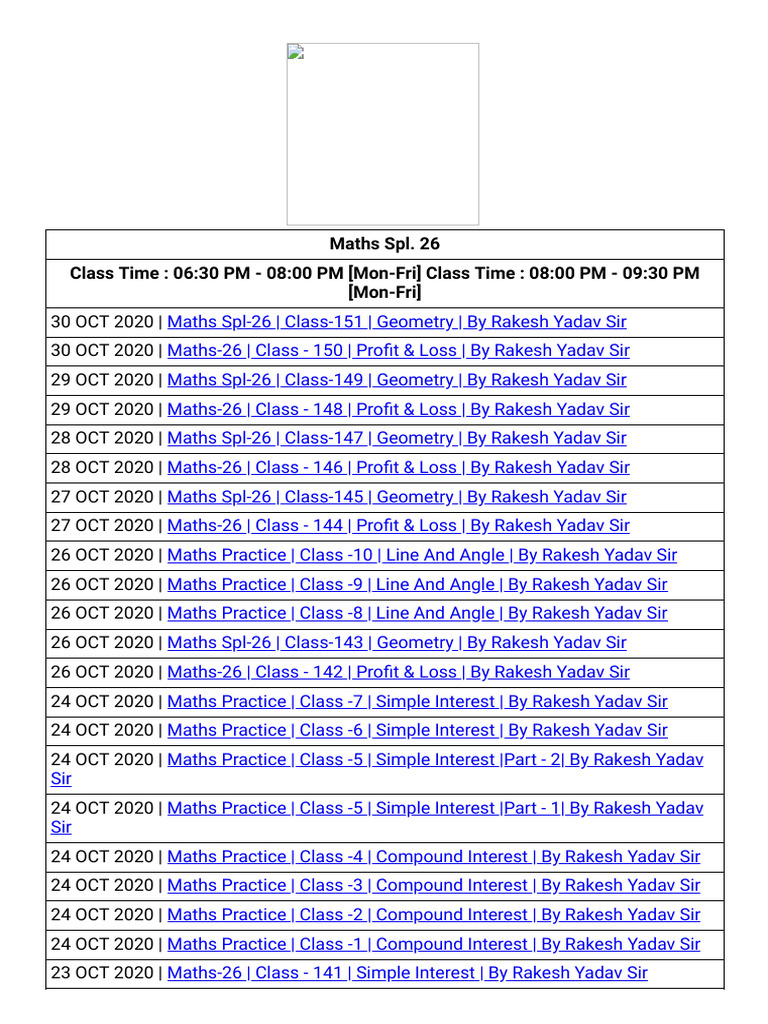 Maths Spl. 26 Class Time: 06:30 PM - 08:00 PM (Mon-Fri) Class Time: 08: ...