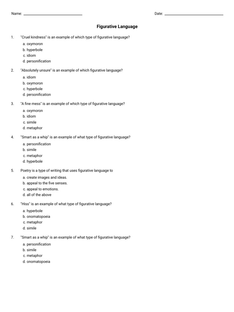 figurative language grade 8 free printable tests and worksheets pdf