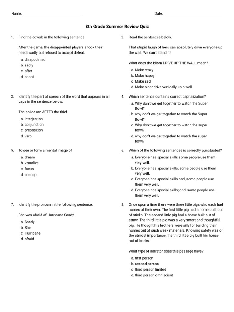 8th Grade Summer Review Quiz | PDF | Narration | Part Of Speech