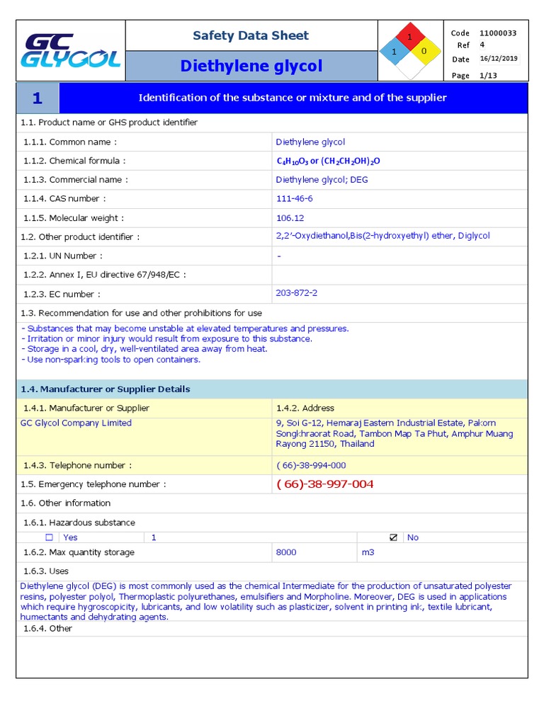 Diethylene Glycol Safety Data Sheet PDF Occupational Safety And