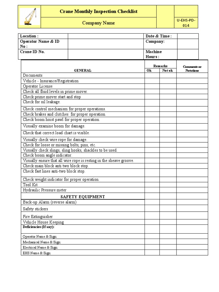 Crane Monthly Inspection Check List PDF