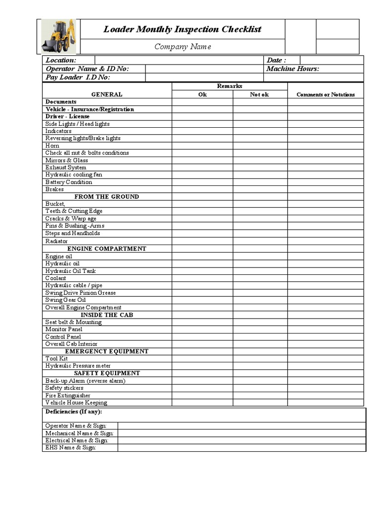 Monthly Loader Inspection Checklist | PDF | Technology & Engineering