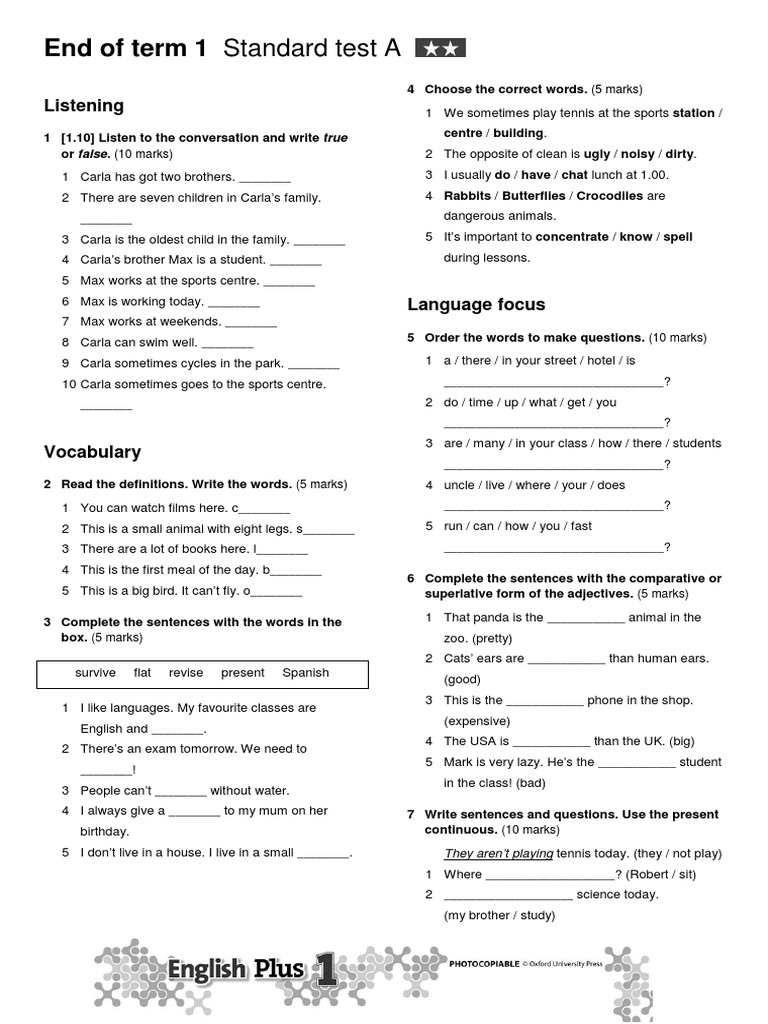 End of Term 1 Standard Test A: Listening | PDF | Vocabulary | English ...