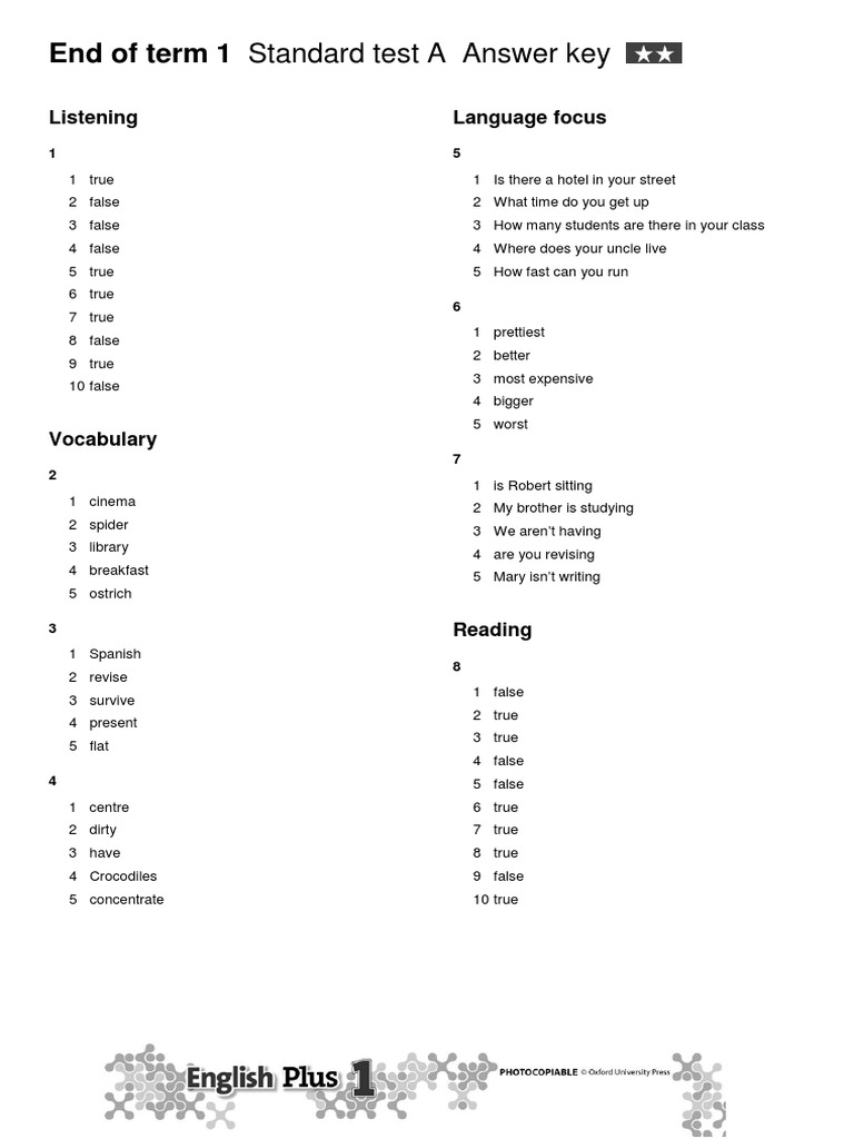 End of term 1 Standard test A key | PDF