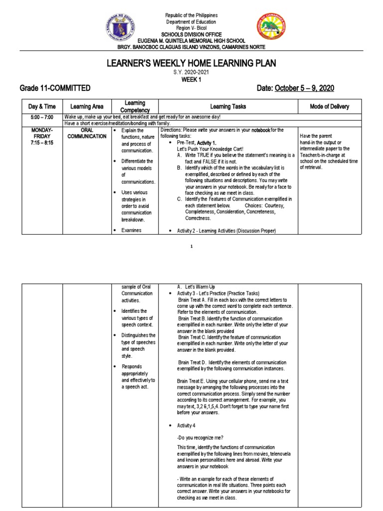 Learner'S Weekly Home Learning Plan: Grade 11-COMMITTED Date: October 5 ...