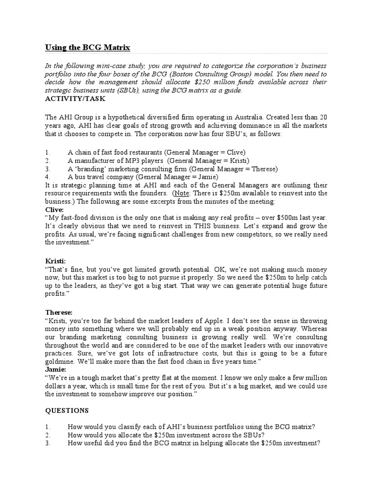 Using The BCG Matrix - Caselet | PDF