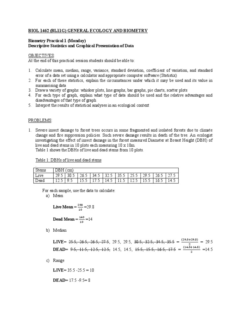 BIOL 1462 Mon Biometry Answers Biostatistics Standard Deviation