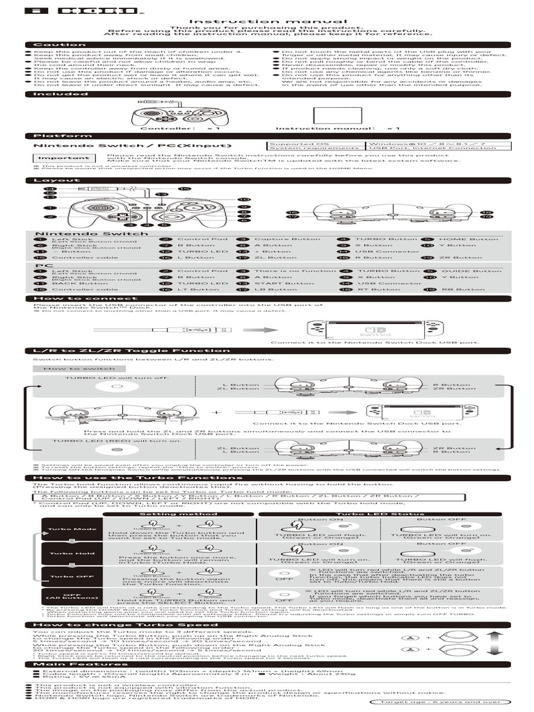 Instruction Manual Nintendo Switch / PC (Xinput) PDF Usb Video