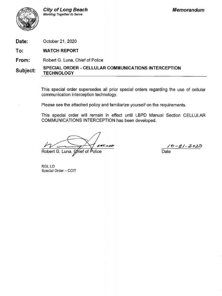 LBPD Cellular Comm Intercept Technology Watch Report:Special Order 9:10 ...