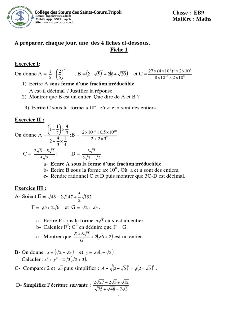 Exercices de Maths pour Classe EB9 | PDF | Géométrie | Géométrie ...