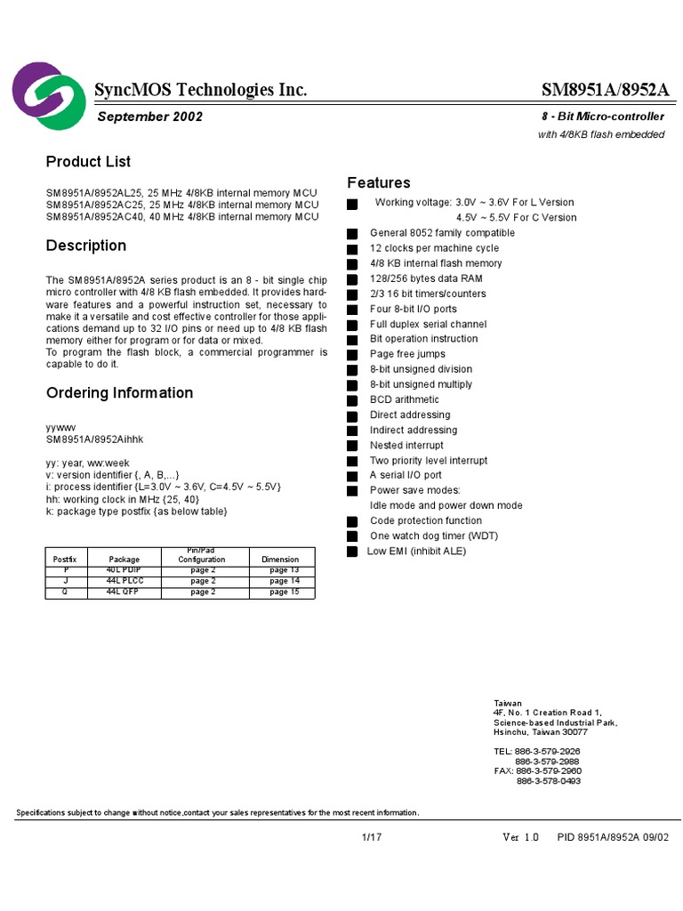 Syncmos Technologies Inc. Sm8951A/8952A | PDF | Microcontroller | Flash ...