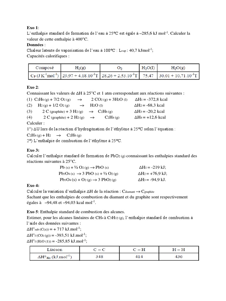 Calculs d'Enthalpie et Réactions Chimiques | PDF | Enthalpie ...
