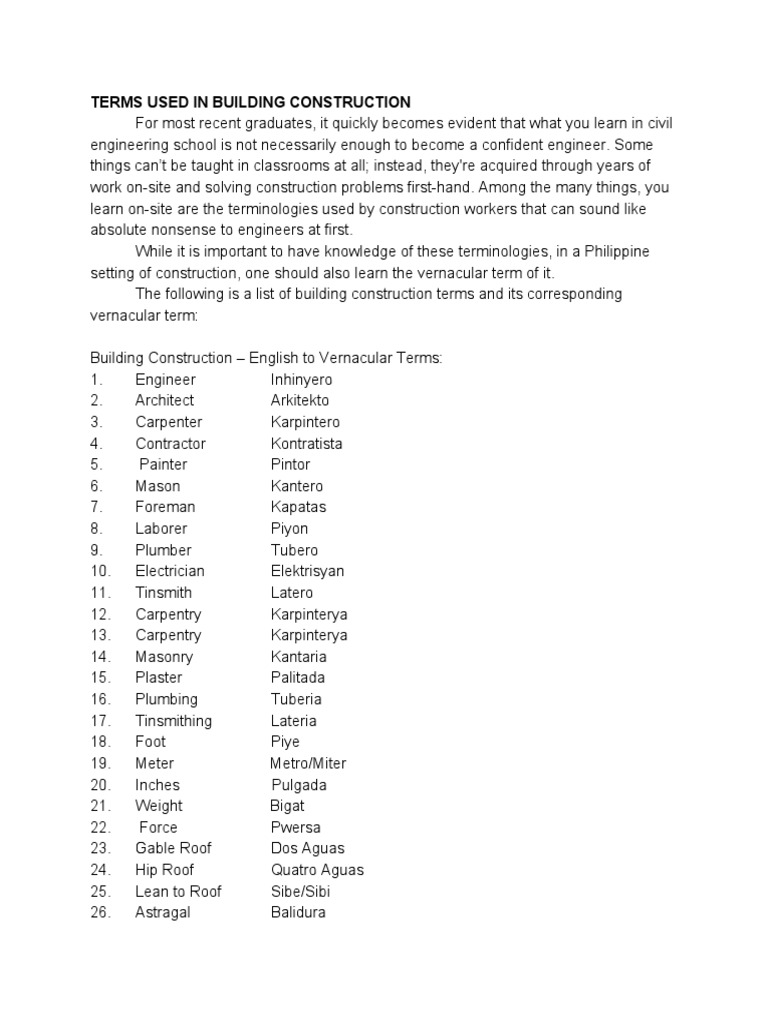 Building Construction Terms in English | PDF | Varnish | Beam (Structure)