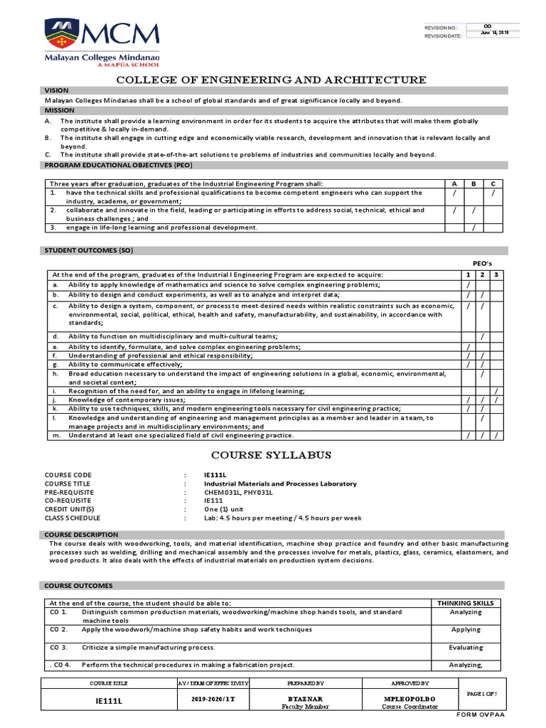 IE111L Industrial Materials and Processes Lab PDF Machine Tool