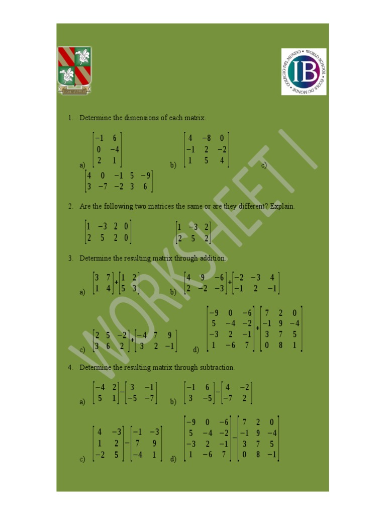 Matrices Worksheet I | PDF | Matrix (Mathematics) | Mathematical Objects