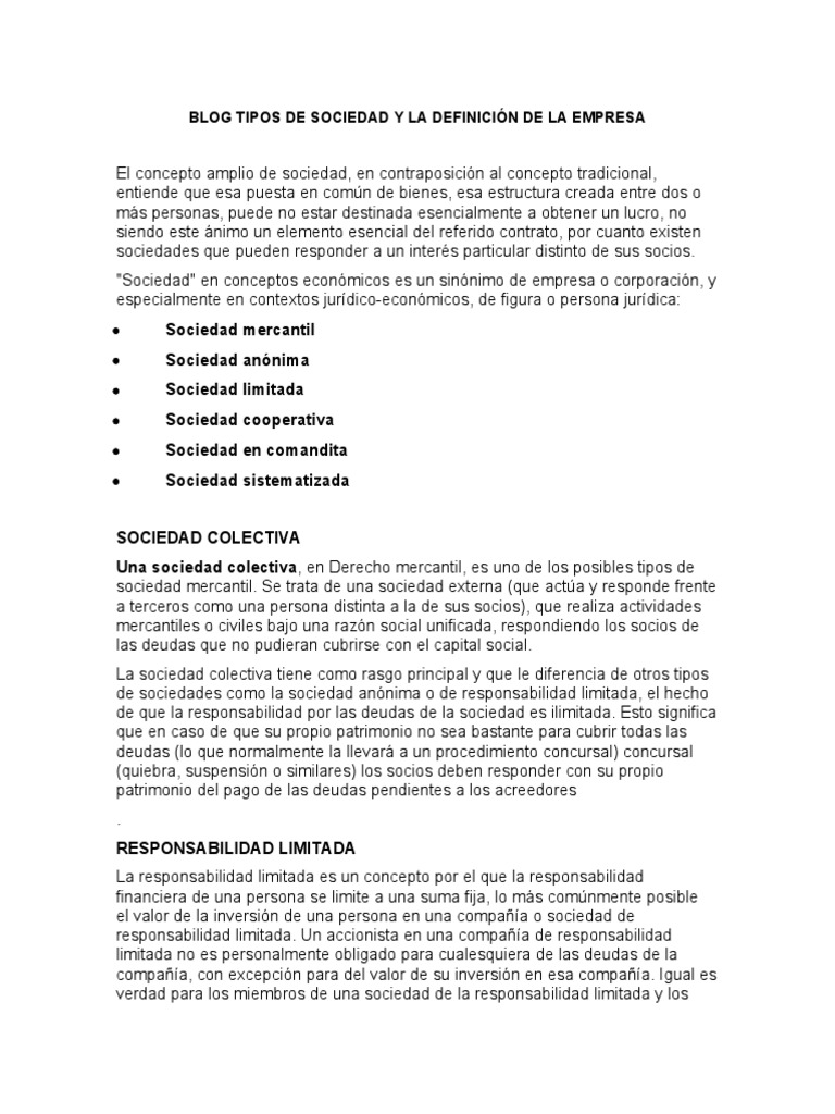 Blog Tipos de Sociedad y La Definición de La Empresa | PDF | Sociedad ...