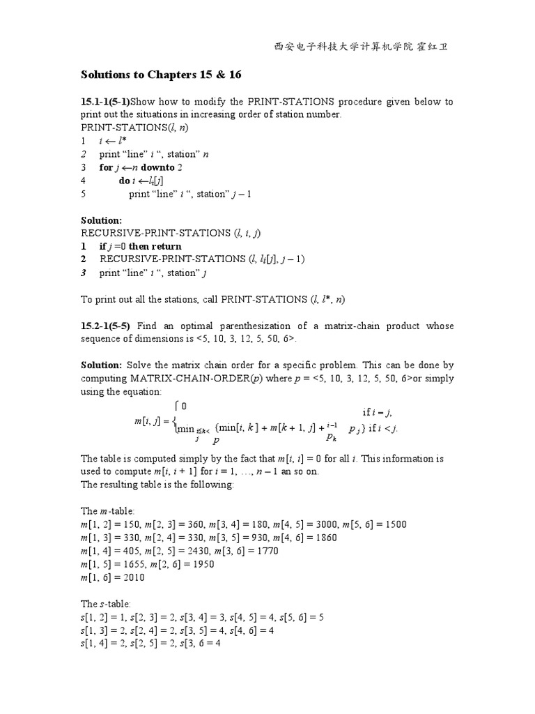 Solutions for Chapters 15 & 16 Problems | PDF | Dynamic Programming ...