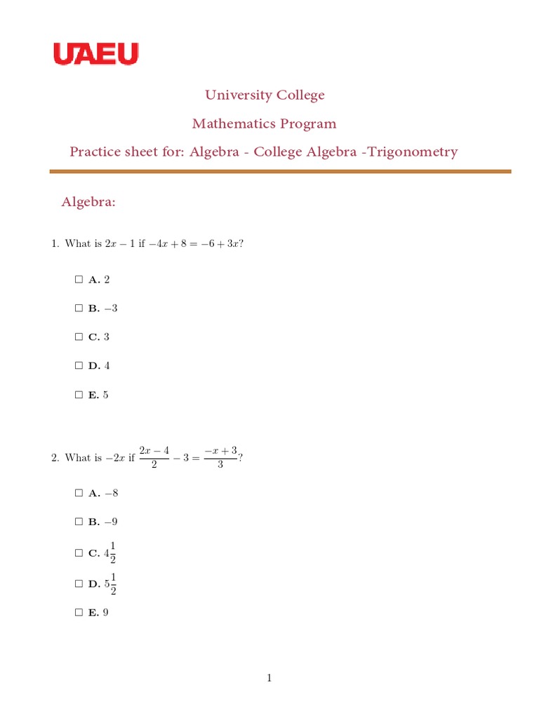 College Algebra Practice Worksheet | PDF | Angle | Sine