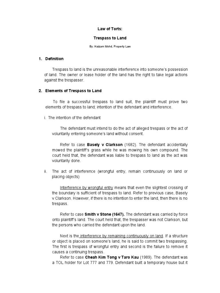 Law of Torts - Trespass To Land | PDF | Trespass | Tort