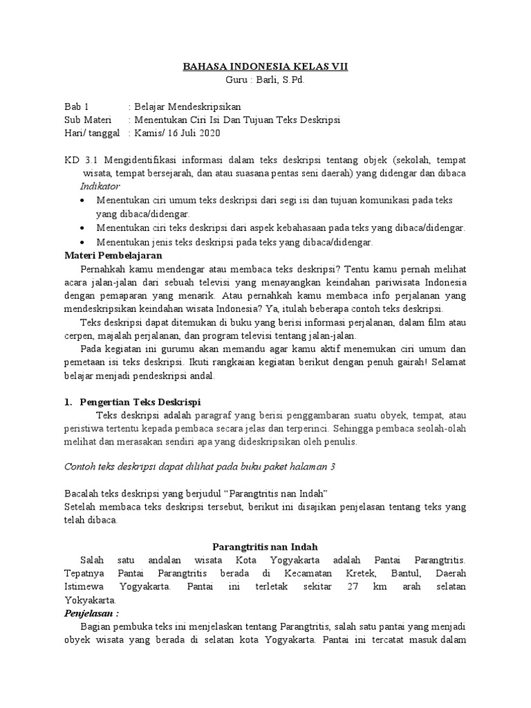 Menentukan Ciri Isi Dan Tujuan Teks Deskripsi Pdf