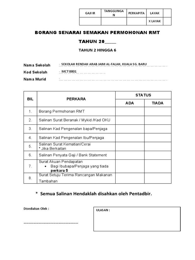 Senarai Semak Dokumen Rmt Pdf