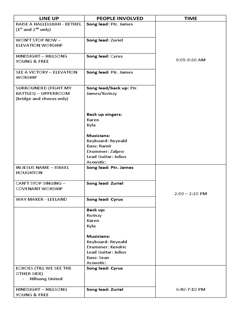 Church song lineup and schedule | PDF | Contemporary Worship Music ...