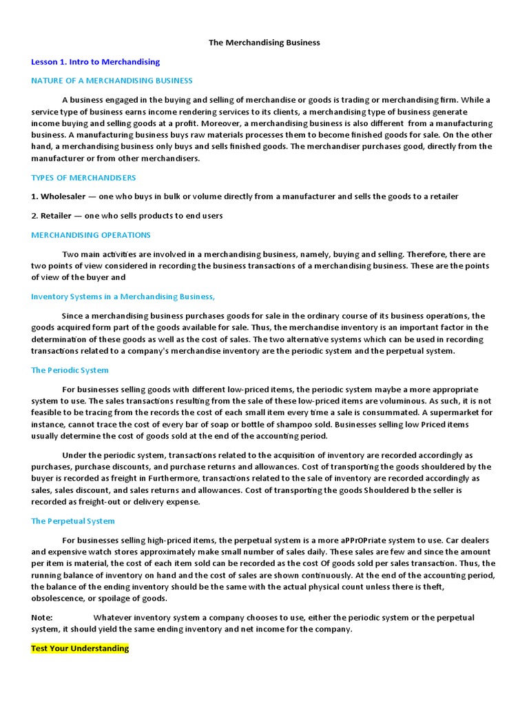 Nature of A Merchandising Business Lesson 1. Intro To Merchandising