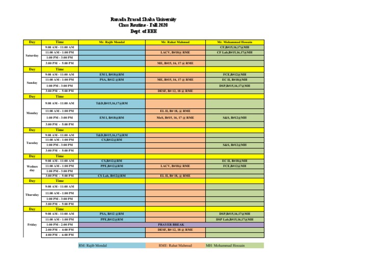 EEE Class Routine Fall 2020 | PDF