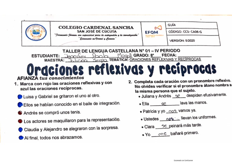 Taller Oraciones Reflexivas y Recíprocas PDF | PDF
