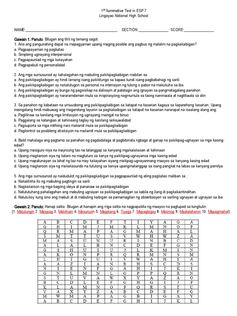 1st Summative Test in ESP 7 | PDF