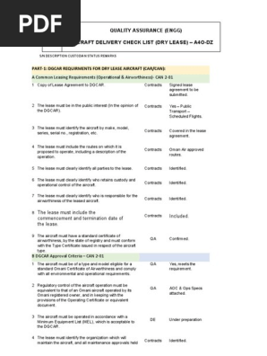 Aircraft Delivery Check List - Dry Lease