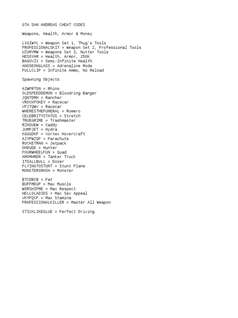 GTA San Andreas PS2 Cheats, PDF, Weaponry