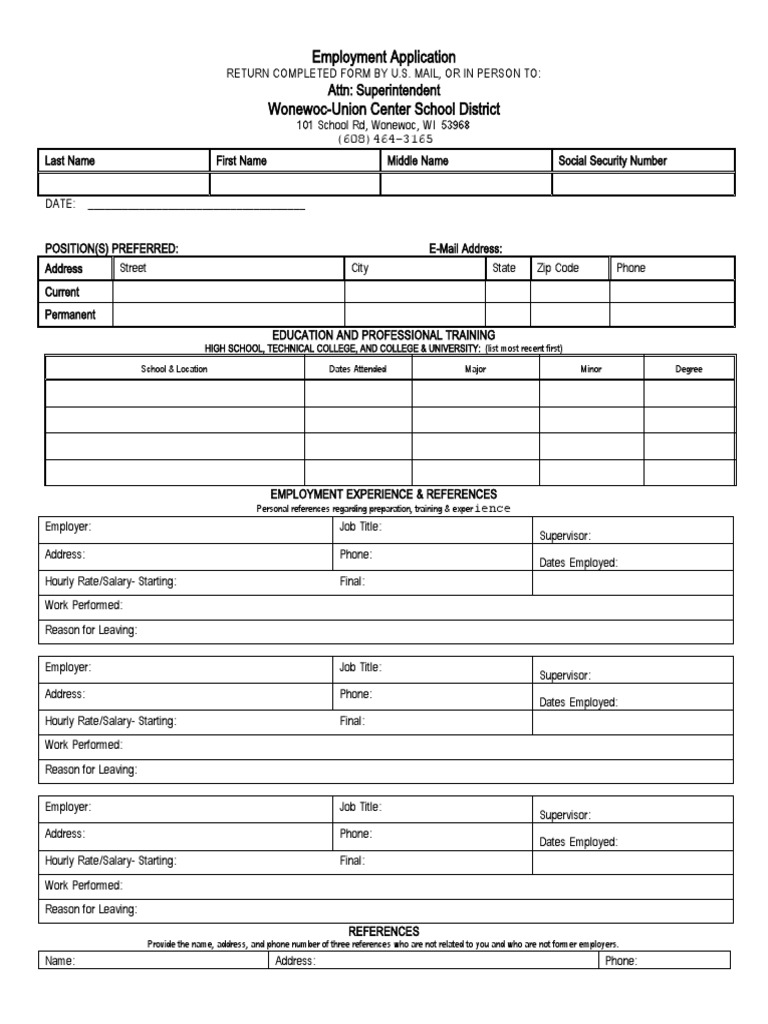 Employment Application WonewocUnion Center School District Attn