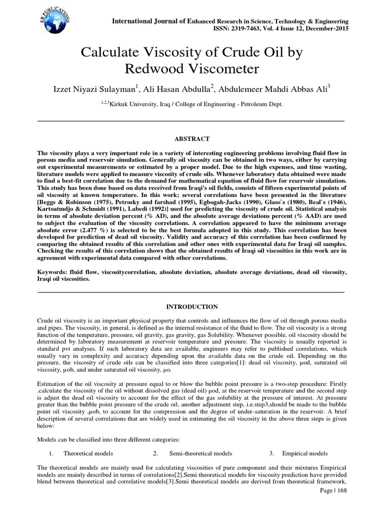 Crude Oil Viscosity Calculation Methods | PDF | Viscosity | Petroleum ...