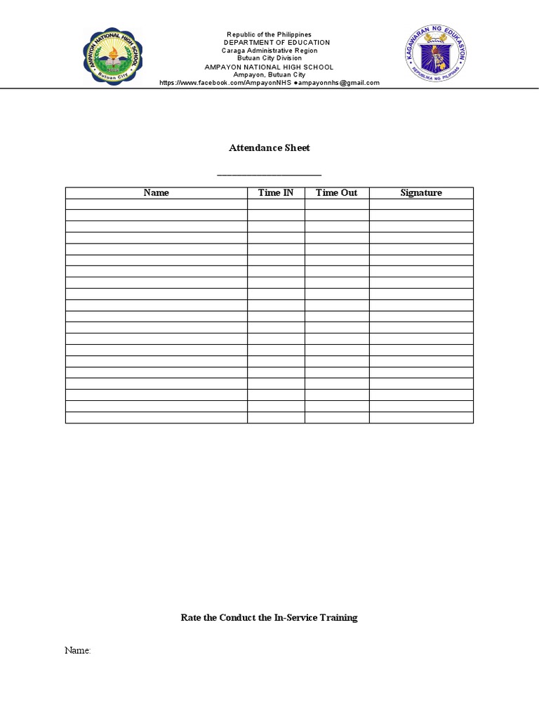 Attendance Sheet: Name Time IN Time Out Signature | PDF