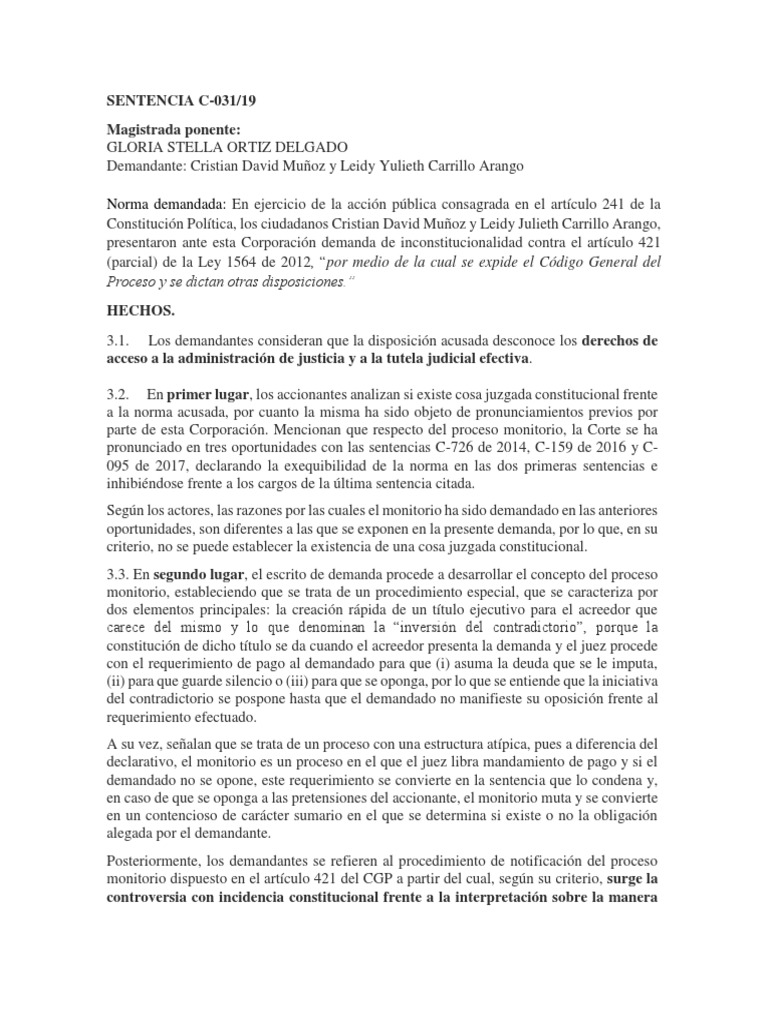Analisis Sentencia C 031 de 2019 | PDF | Caso de ley | Demanda judicial