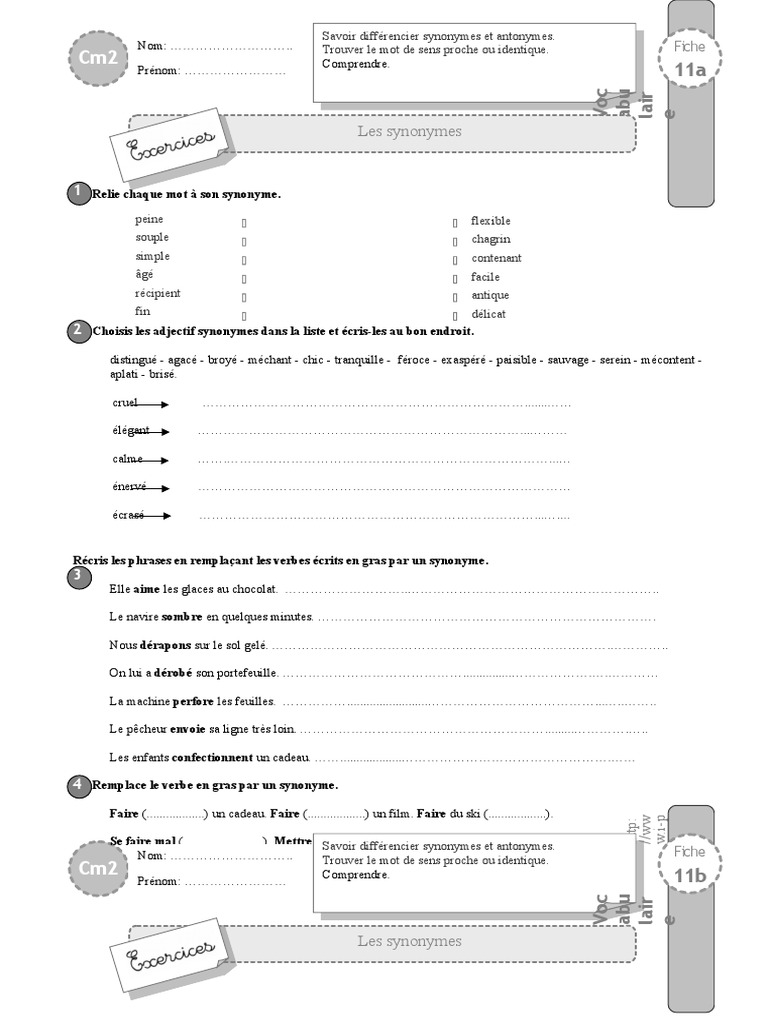 Exercices Français 6ème à Imprimer Avec Correction cm2 Exercices Synonymes | PDF | Lexicologie | Sémiotique