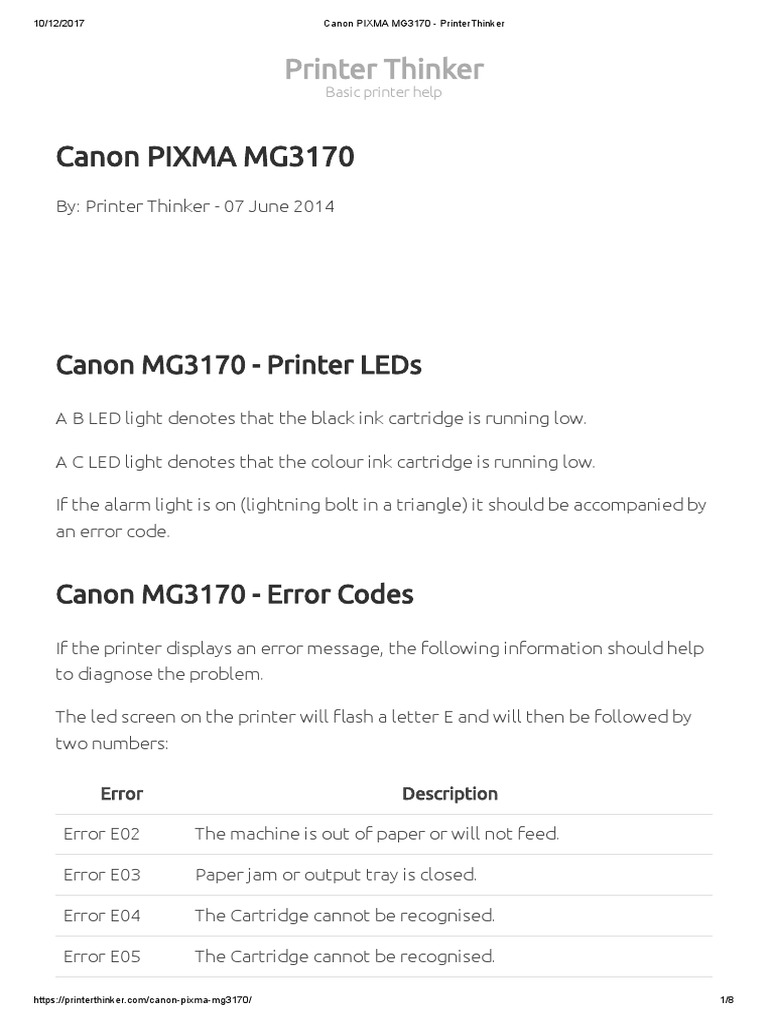 Canon MG3170 Error Codes Explained | PDF | Printer (Computing) | Office ...