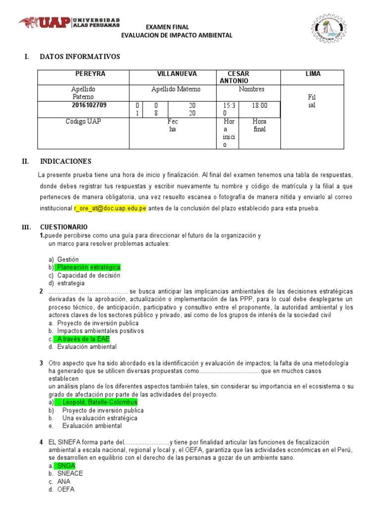 Examen Final de Evaluacion de Impacto Ambiental | PDF | Evaluación de ...