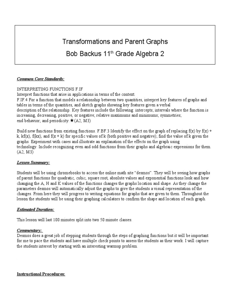 Transformations and Parent Graphs Bob Backus 11 Grade Algebra 2 | PDF ...