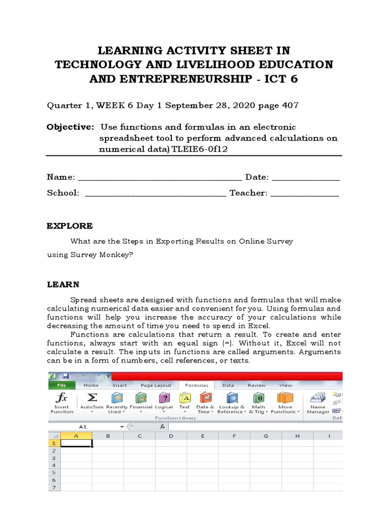 TLE 6: ICT Activity Sheet on Spreadsheets | PDF