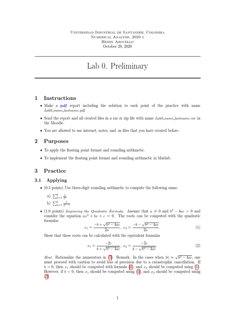 Lab 0. Preliminary: 1 Instructions | PDF | Quadratic Equation | Algorithms