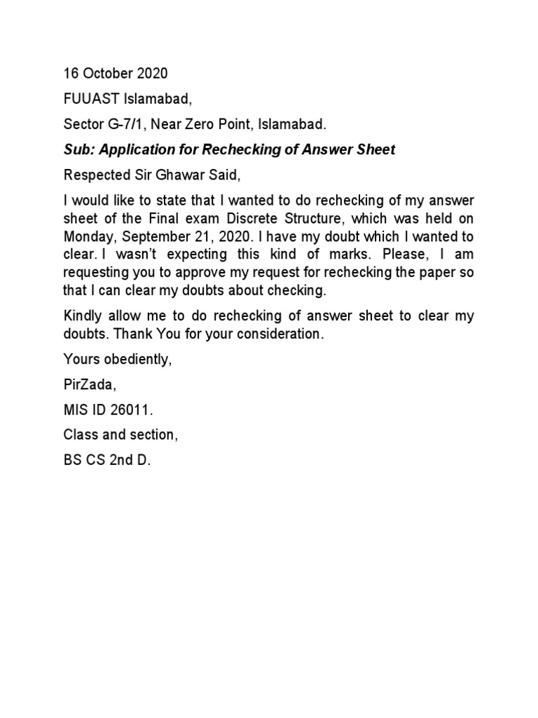 Application for Answer Sheet Rechecking | PDF